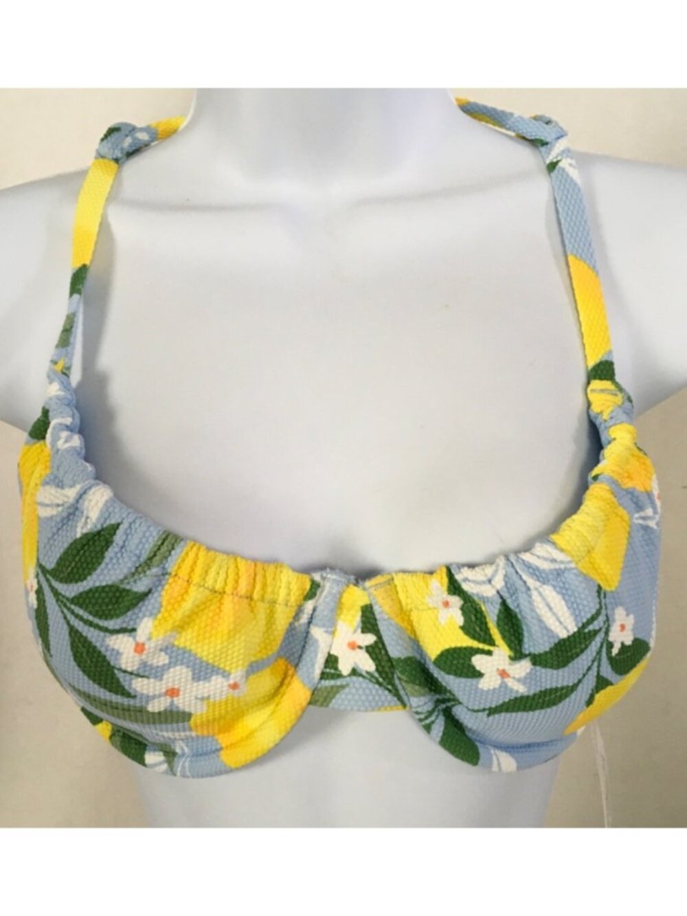 Time and Tru Bikini Top Size L 12 to 14 Blue w Yellow Lemons White Flowers New